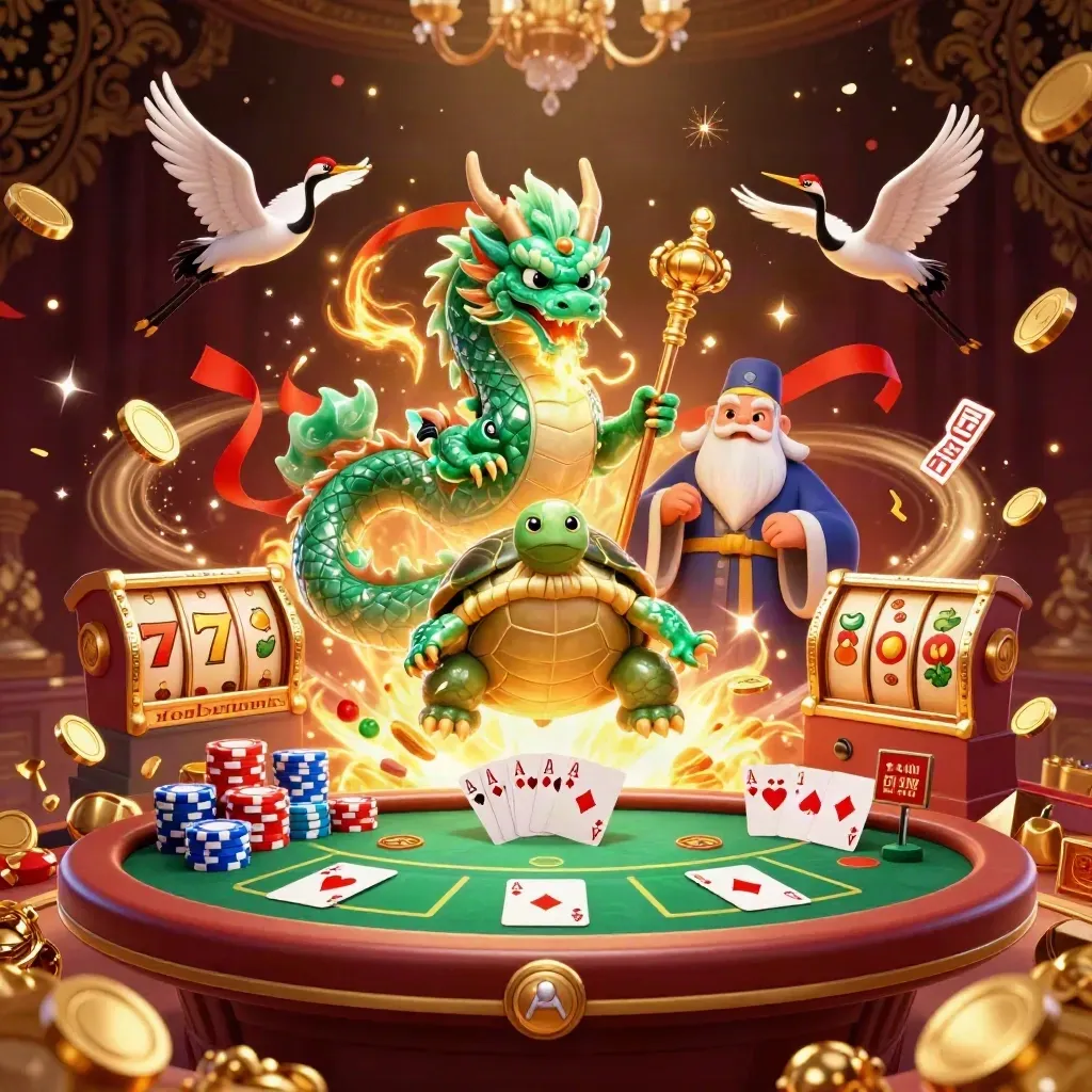 Emerald dragon, turtle sage and cranes amid casino loot, chips, coins and fireworks