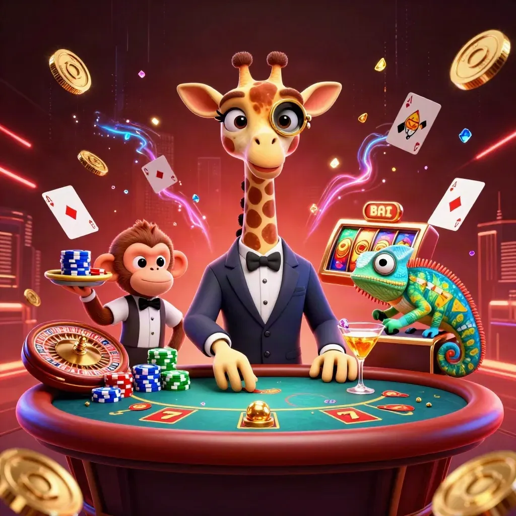 Giraffe, monkey, and chameleon at a VIP poker table amid coins, gems, reels, and neon casino bursts