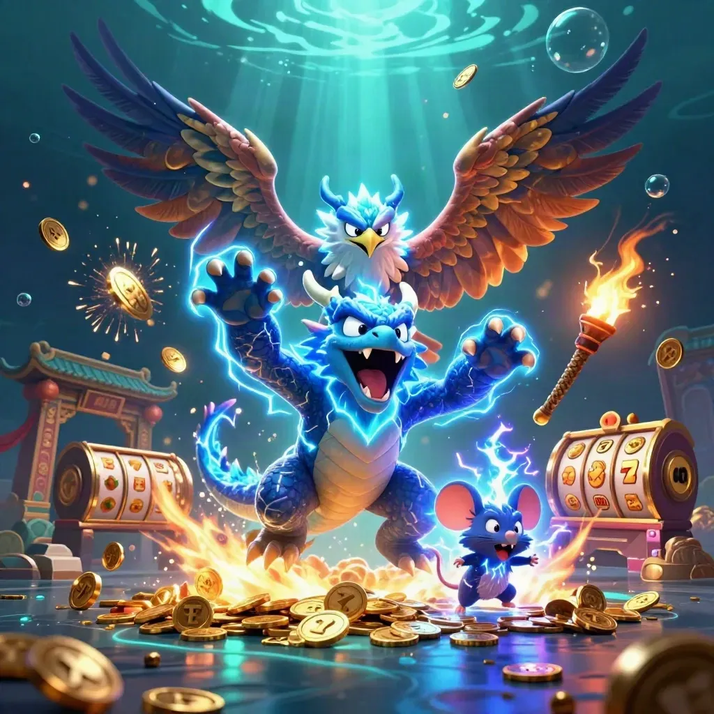Thunder dragon, wind hawk, and static mouse amid coins, fireworks, and neon underwater casino glow