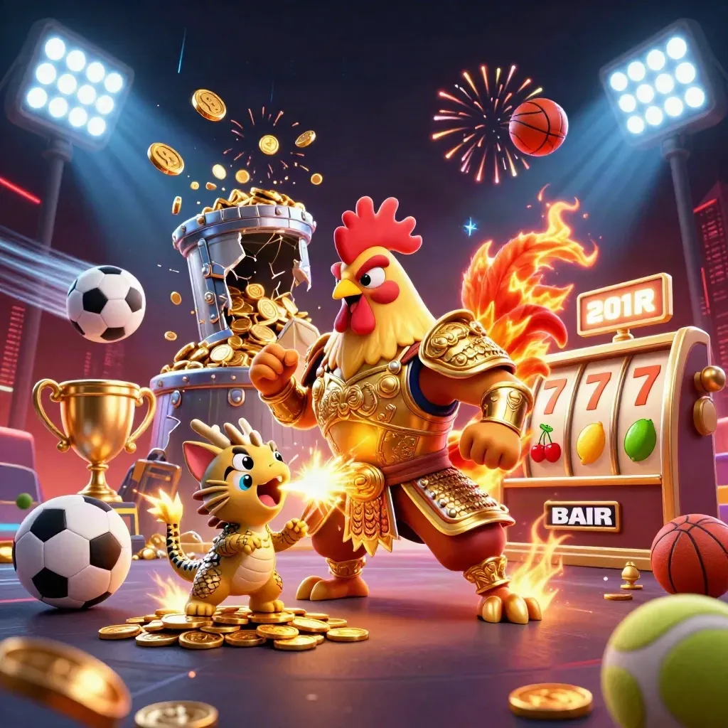 Rooster warrior, dragon hatchling and cheering cat amid coins, reels, trophy and sports balls under neon lights.