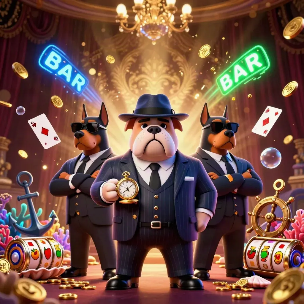 Bulldog mob boss with two Dobermans amid slot reels, coins, coral, and treasure