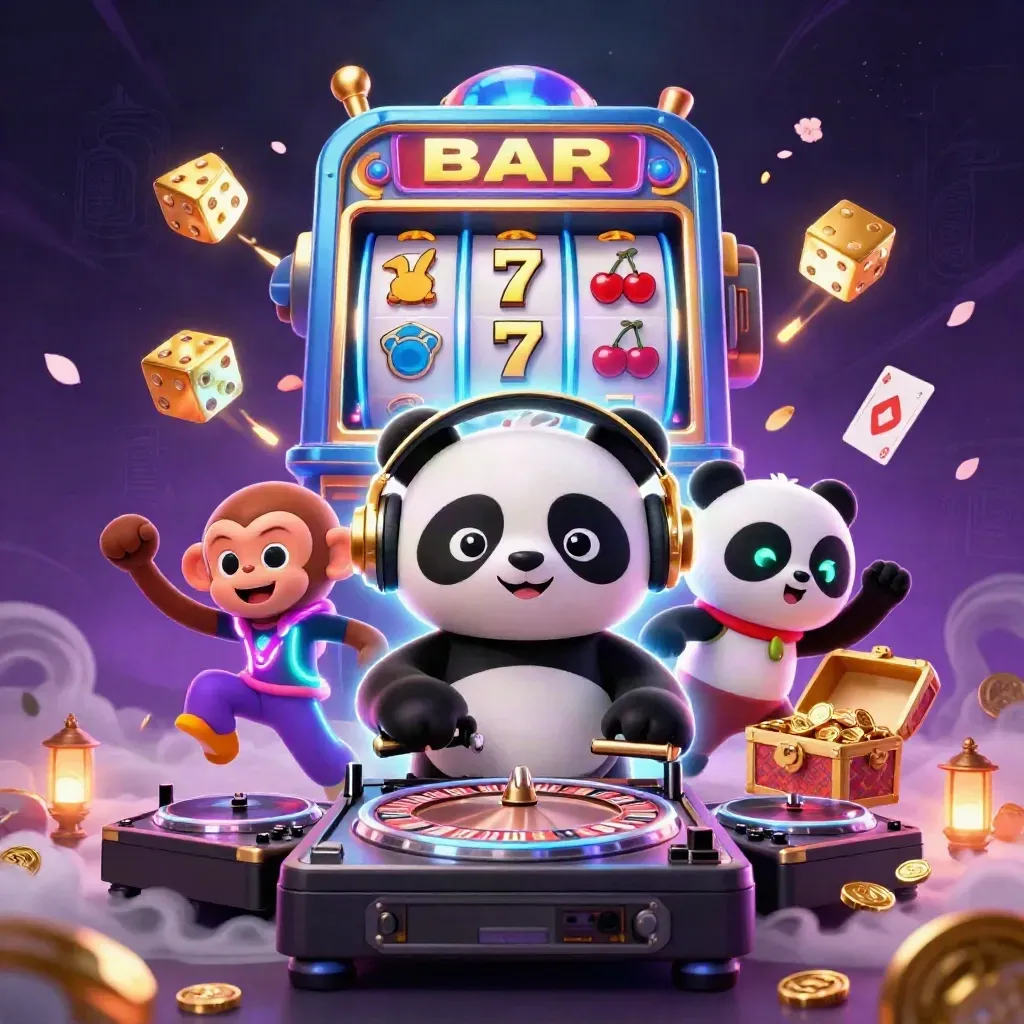 DJ panda, breakdancing monkey, and glow-stick kitten amid slot bursts and jackpot lights.