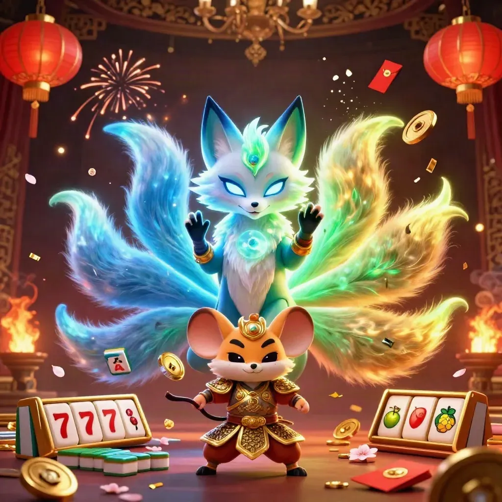 Nine-tailed fox spirit and armored mouse amid casino loot, lanterns, coins, and glowing reels