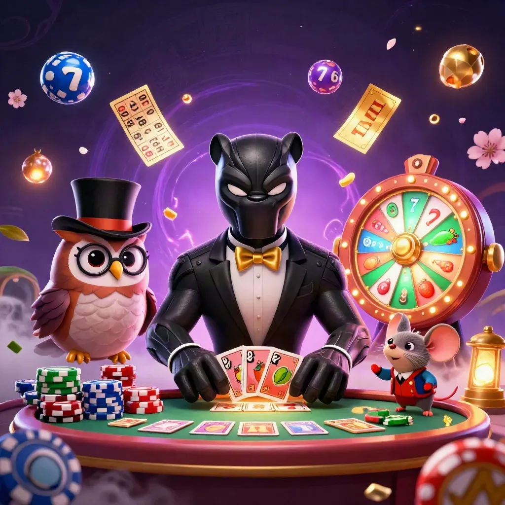 Panther, owl, and mouse amid casino magic, chips, reels, and glowing jackpots.