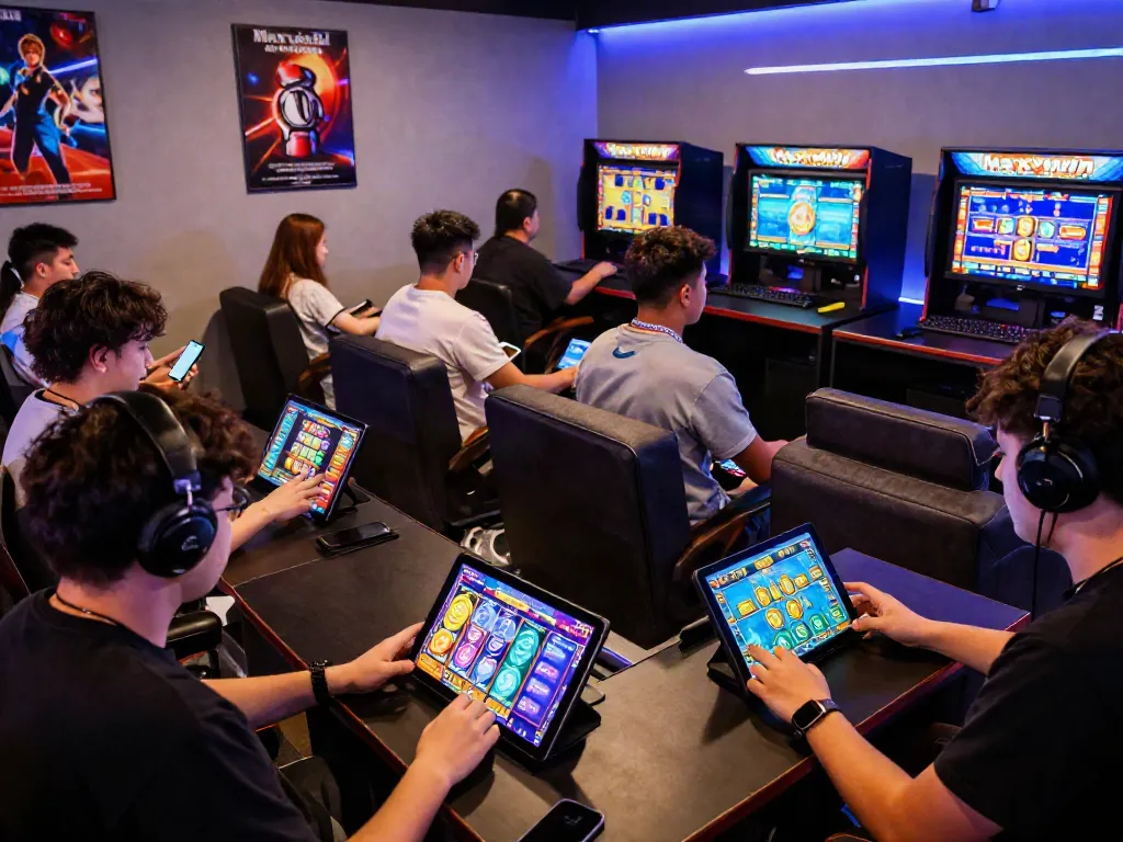Engaged players enjoying thrilling slot maxwin games in a vibrant gaming lounge.