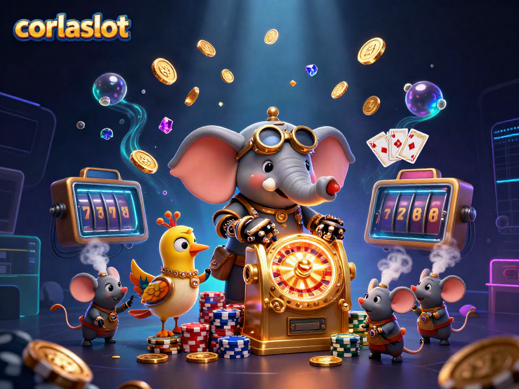 Experience the thrill of corlaslot with a steampunk elephant operating a golden slot machine amidst soaring coins and vibrant gems.