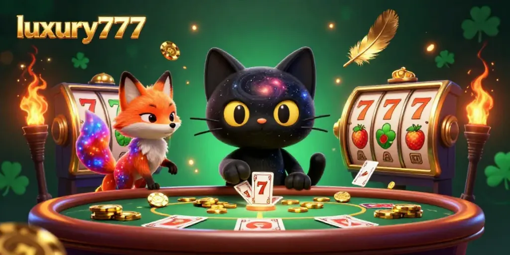 Engage with luxury777 as a black hole cat draws in casino chips at a vibrant cosmic casino table.