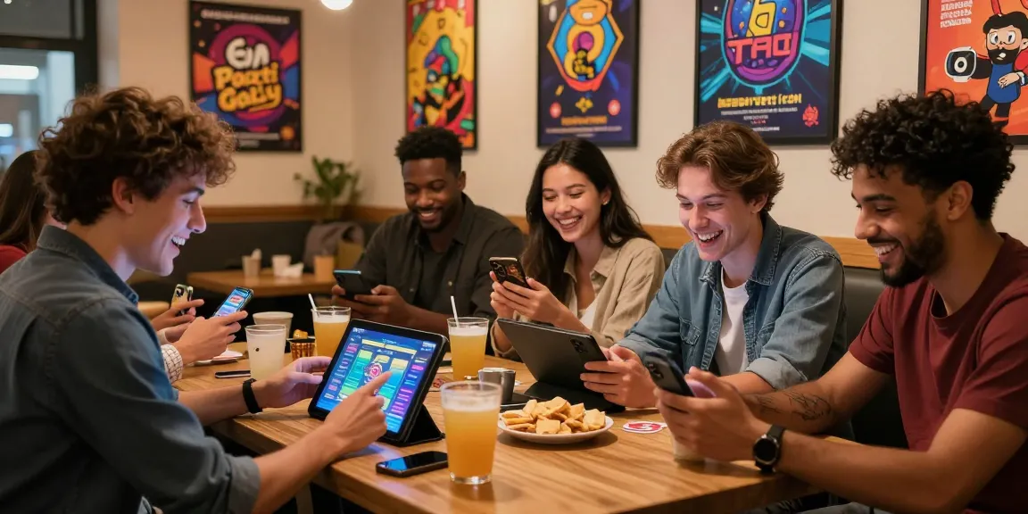 Group of friends playing Teen Patti Gold for Android at a café, showcasing excitement and social fun.