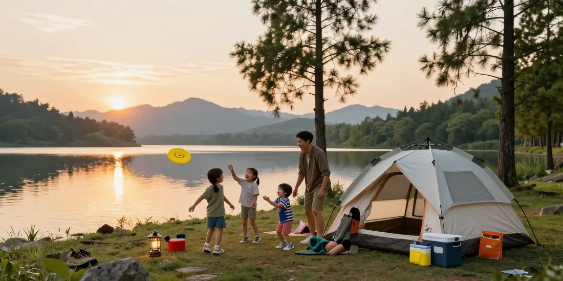 Family enjoying a sunset camping experience with slot qris 5k gear by the lake.