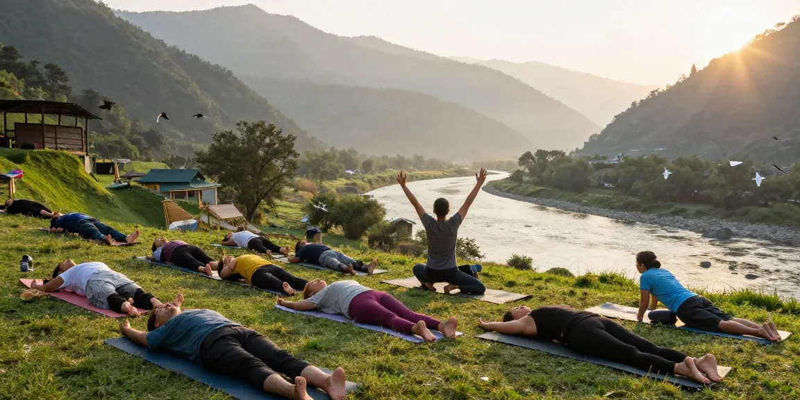 Yoga teacher training in Rishikesh India, students practicing yoga outdoors in serene Himalayan setting.