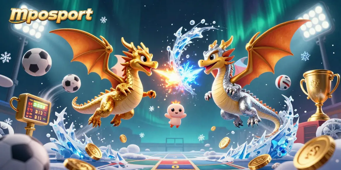 Join the excitement at mposport, where the dynamic dragons battle amidst a sports theme filled with trophies and betting slips.