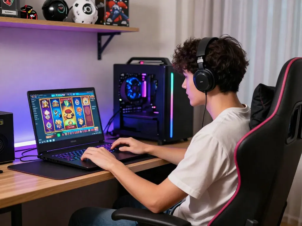 Experience ทดลองสล็อต in a vibrant gaming corner with a lively atmosphere and high-tech setup.