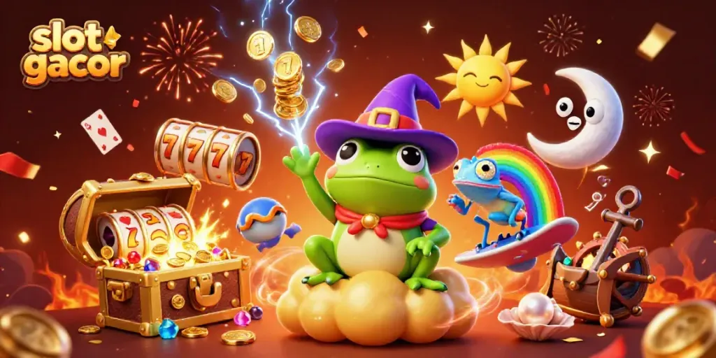 Experience the excitement of slot gacor with a wizard frog and rainbow chameleon amid golden coins and vibrant casino symbols.