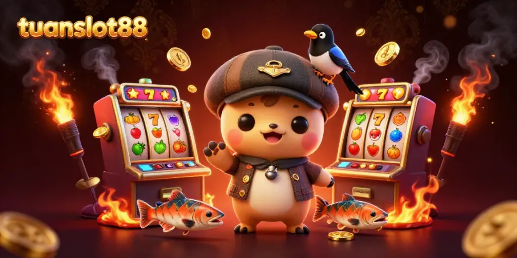 Mainkan tuanslot88 dengan karakter lucu dan mesin slot yang berputar, memancarkan keajaiban kasino.