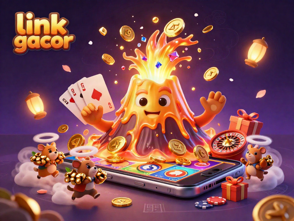 Engage with the exciting link slot gacor featuring a golden volcano erupting coins and treasure, enhancing your gameplay experience.