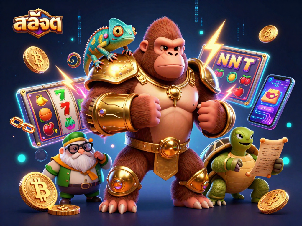 Spin the สล็อต reels with a powerful gorilla king and colorful crypto elements in a packed casino scene.