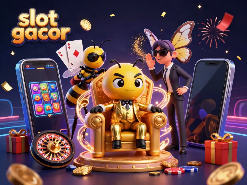 Permainan slot gacor secara dramatis ditampilkan dengan karakter 3D menarik dalam latar belakang kasino.