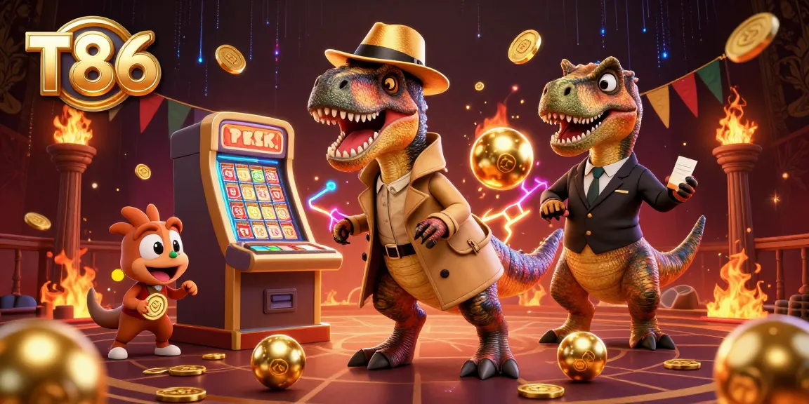 Try your luck at T86 lottery with animated characters creating a vibrant gaming scene.