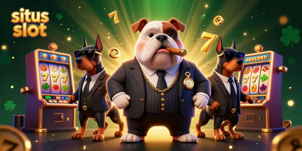 Situs slot menampilkan karakter mafia bulldog dan dua Doberman di kasino, dikelilingi mesin slot berkilau