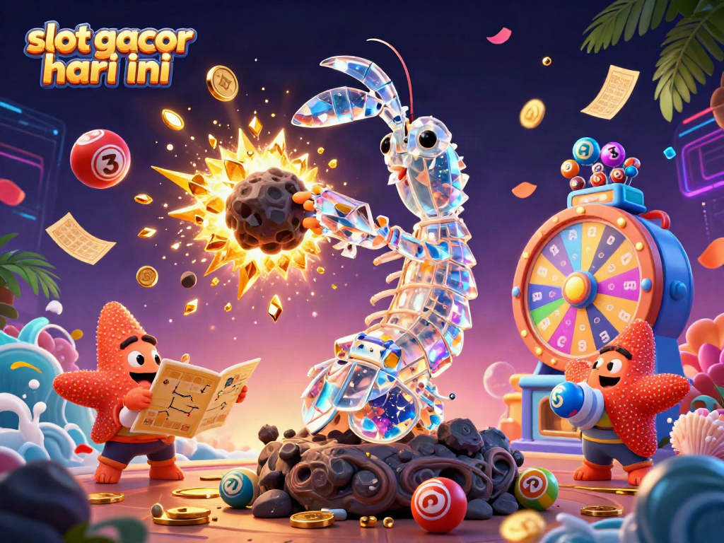 Experience the excitement of slot gacor hari ini with a vivid 3D illustration of a mantis shrimp and starfish in a dynamic casino theme.