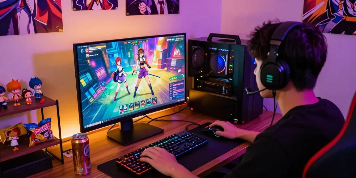 Engaged gamer playing immersive hentai games in a colorful gaming setup.