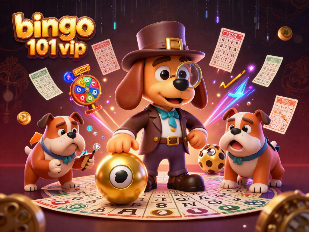 Experience bingo 101 vip rewards as colorful 3D bingo cards and clues lead to treasure.