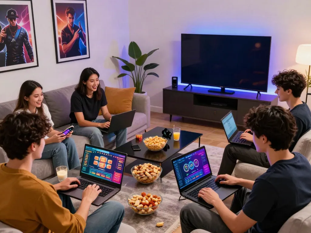 Friends enjoying online casino games with akunjp on laptops in a cozy living room.