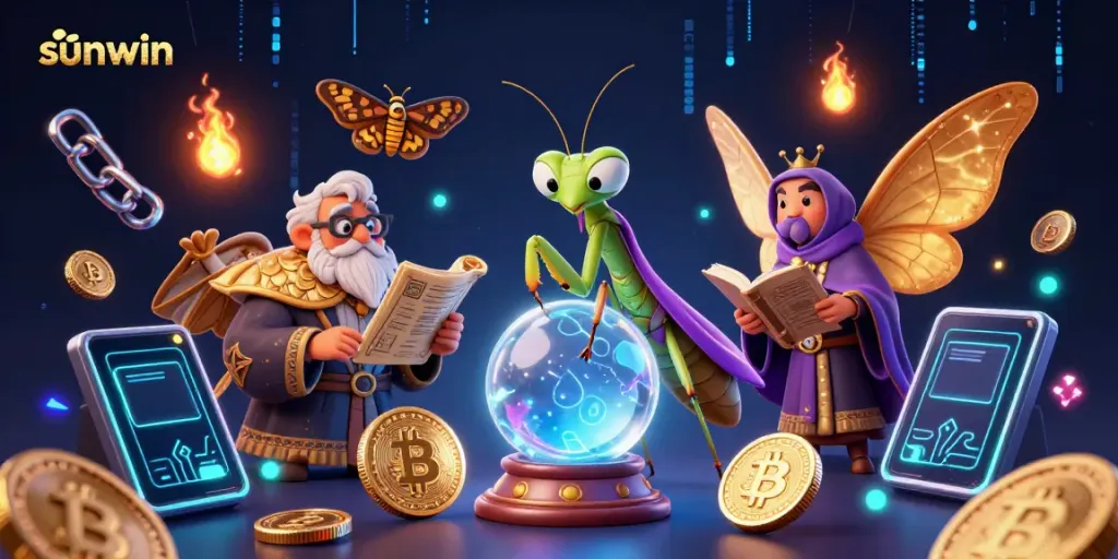Engage in the thrill of sunwin gaming with vibrant 3D casino characters interacting with slots and crypto elements.