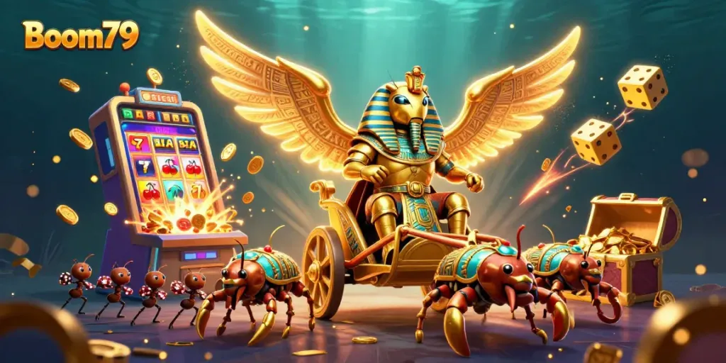 Engage with Boom79's lively casino gaming scene featuring golden scarabs, slot machines, and poker chips