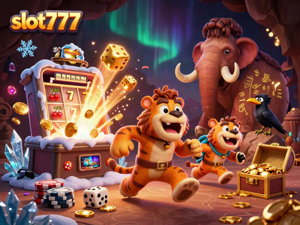 Menggulung mesin slot777 dengan jackpot koin berkilauan di kasino prasejarah