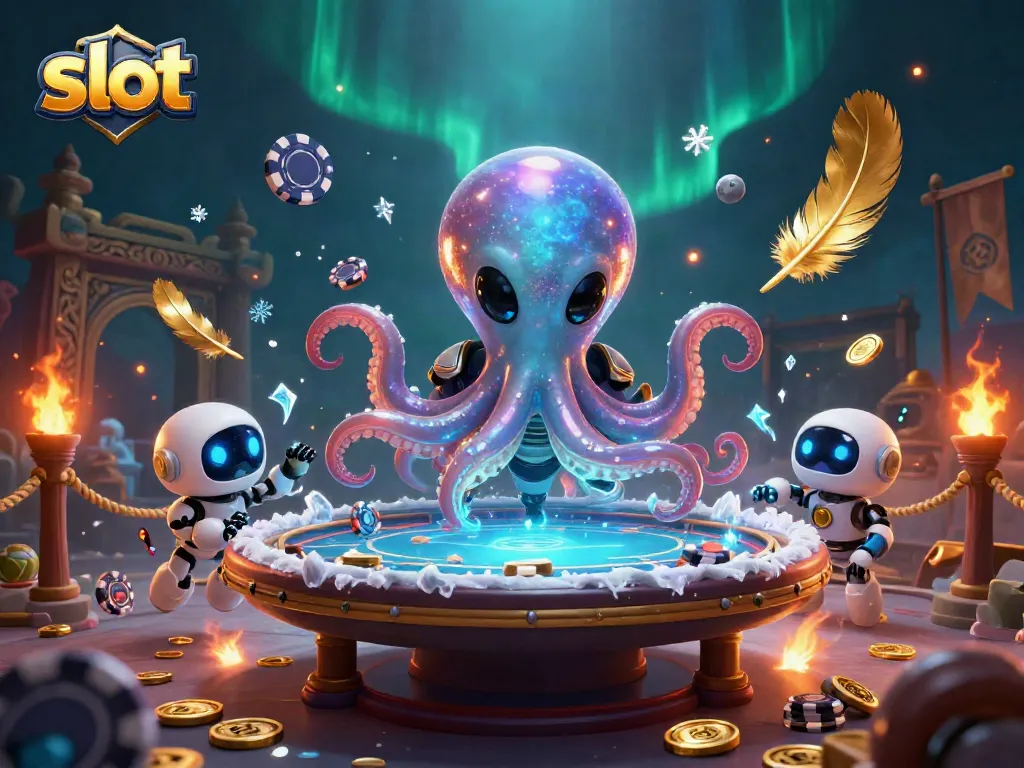 Slot online yang menarik: Alien octopus bermain dengan poker chips berkilau di dunia luar angkasa.