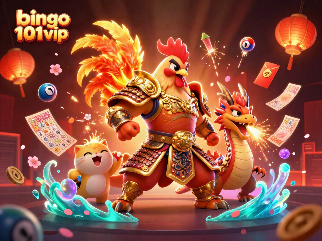Ilustrasi bingo 101 vip menampilkan karakter ayam jantan dan naga, dikelilingi bola bingo dan kartu berhadiah.