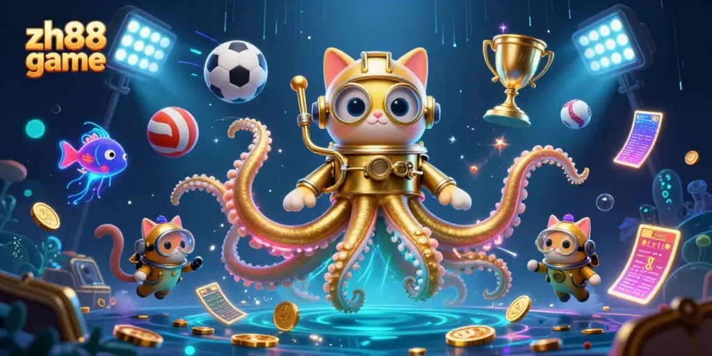 The zh88 game features immersive action with a kraken and a diving cat in a treasure-filled ocean, showcasing excitement.