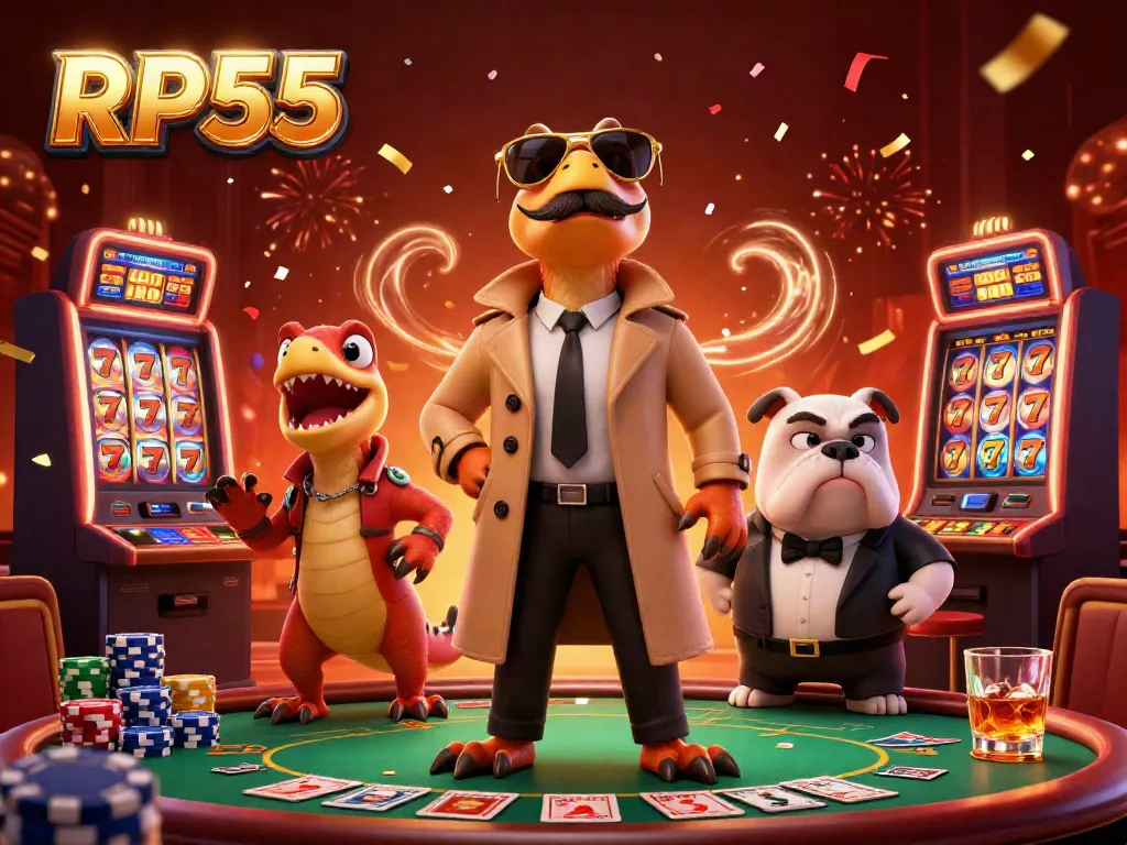 Raptor beraksi di kasino dengan mesin slot dan chip poker dalam suasana meriah