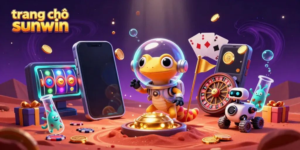Experience excitement at trang chủ sunwin with a vibrant 3D casino illustration featuring alien characters and dynamic game elements.