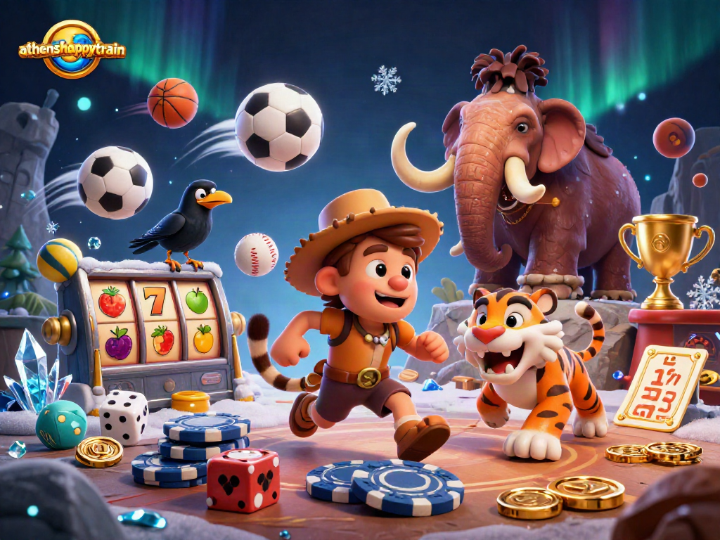 Experience thrilling games at athenshappytrain with a lively prehistoric casino scene featuring competitive elements.