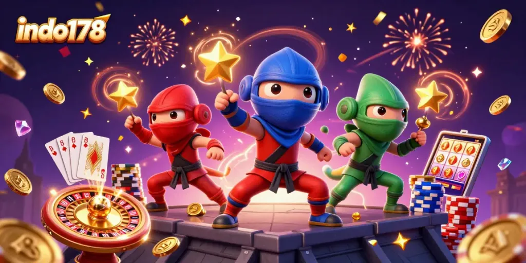 Experience excitement with indo178, where cartoon ninjas celebrate with gold coins and festive casino elements.