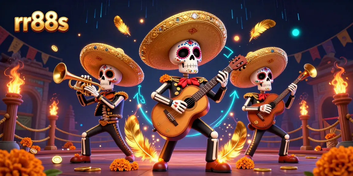 Spin to win with rr88s in a vibrant Day of the Dead casino scene, buzzing with game elements.