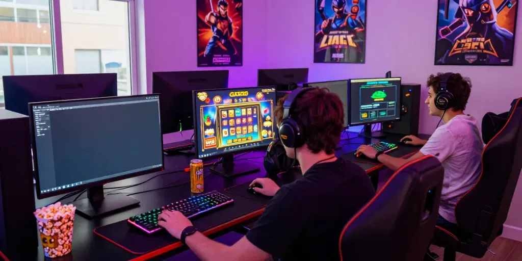 Gamer focused on slot gacor gameplay at multi-monitor setup with vibrant graphics