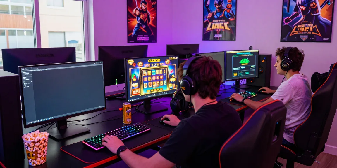 Gamer focused on slot gacor gameplay at multi-monitor setup with vibrant graphics