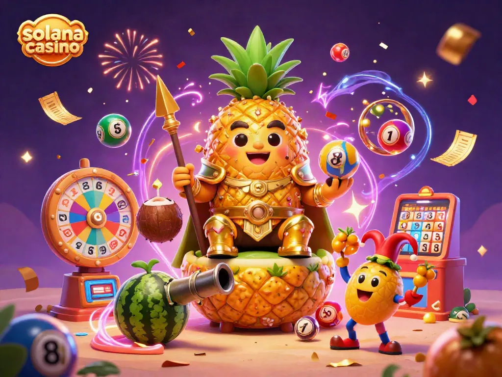 Enjoy thrilling gameplay at solana casino with the golden pineapple king and festive elements surrounding him.