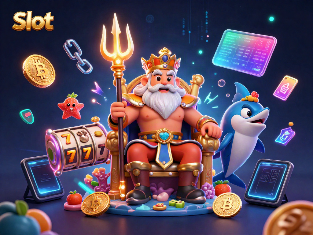 Permainan Slot dengan simbol keberuntungan dan jackpot dalam ilustrasi yang kaya warna.