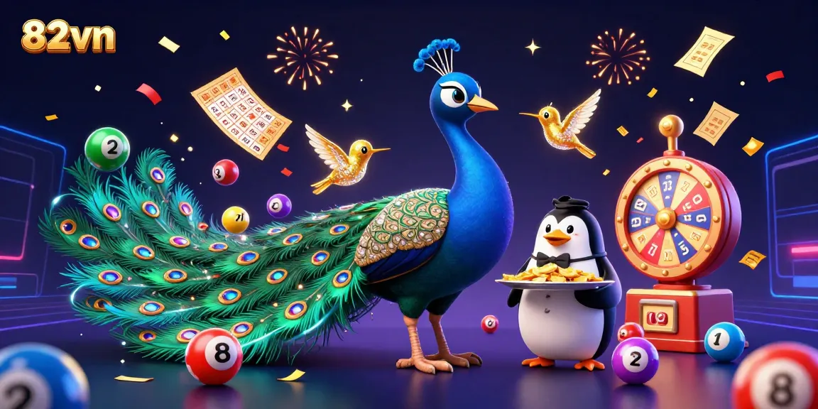 Win thrilling prizes at 82vn with a vibrant illustration of a peacock, penguin, and a hummingbird.