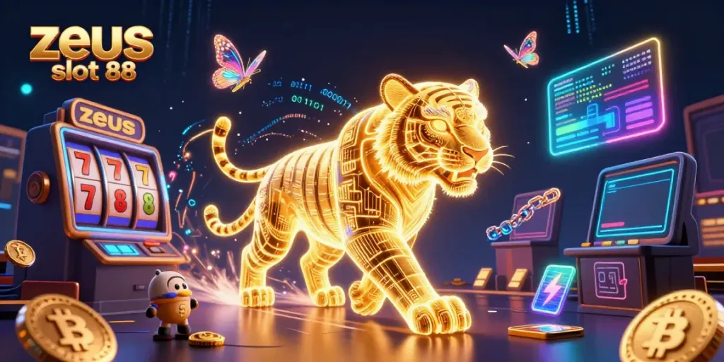 Melihat zeus slot 88 dalam ilustrasi 3D yang dinamis dan berwarna-warni dengan elemen kasino digital.