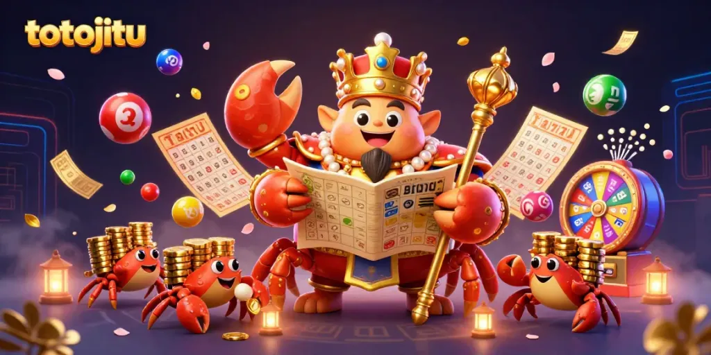 Engage with totojitu in a vibrant 3D scene featuring a golden crab emperor and colorful lottery elements.