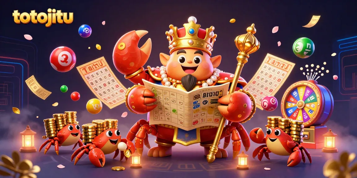 Engage with totojitu in a vibrant 3D scene featuring a golden crab emperor and colorful lottery elements.