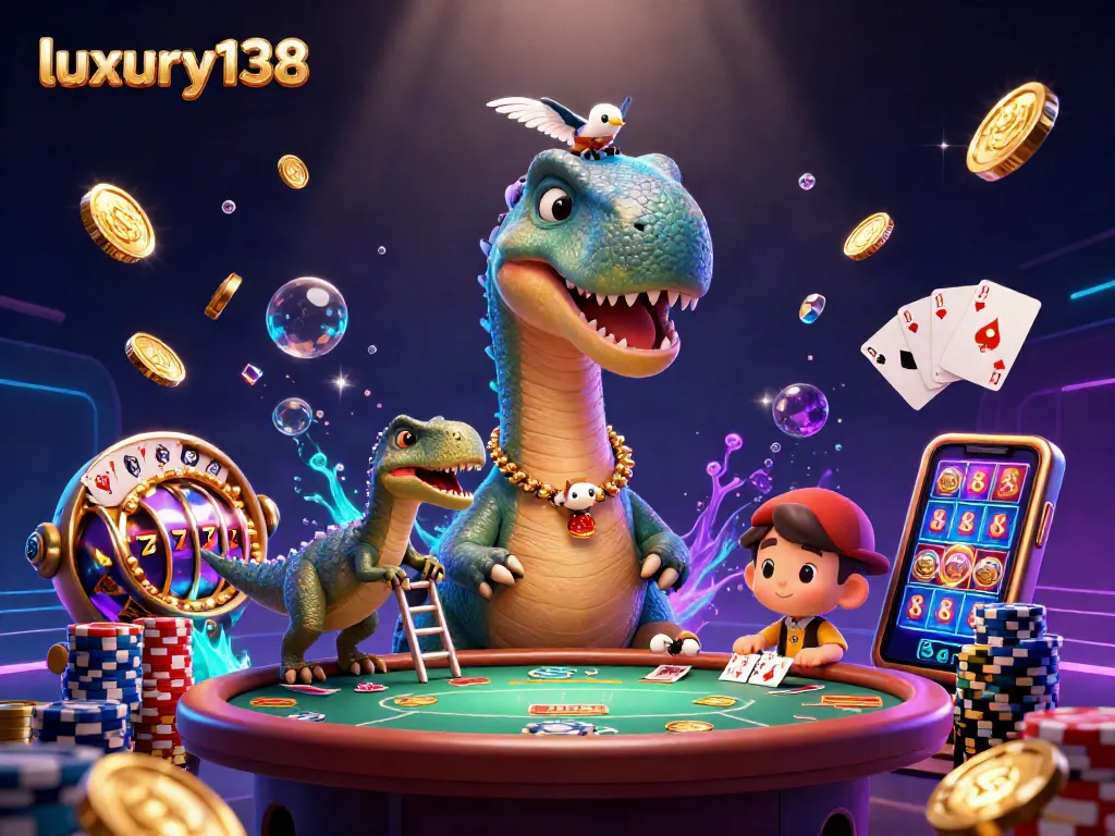 Experience excitement with luxury138 as a towering brontosaurus oversees thrilling slot games and card deals.