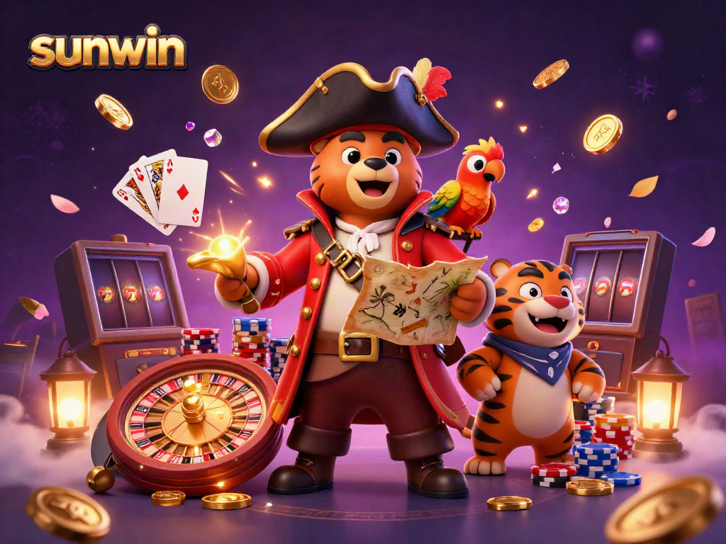 Join the adventure at sunwin with a pirate bear, tiger, and parrot amid cascading coins and a spinning roulette wheel.