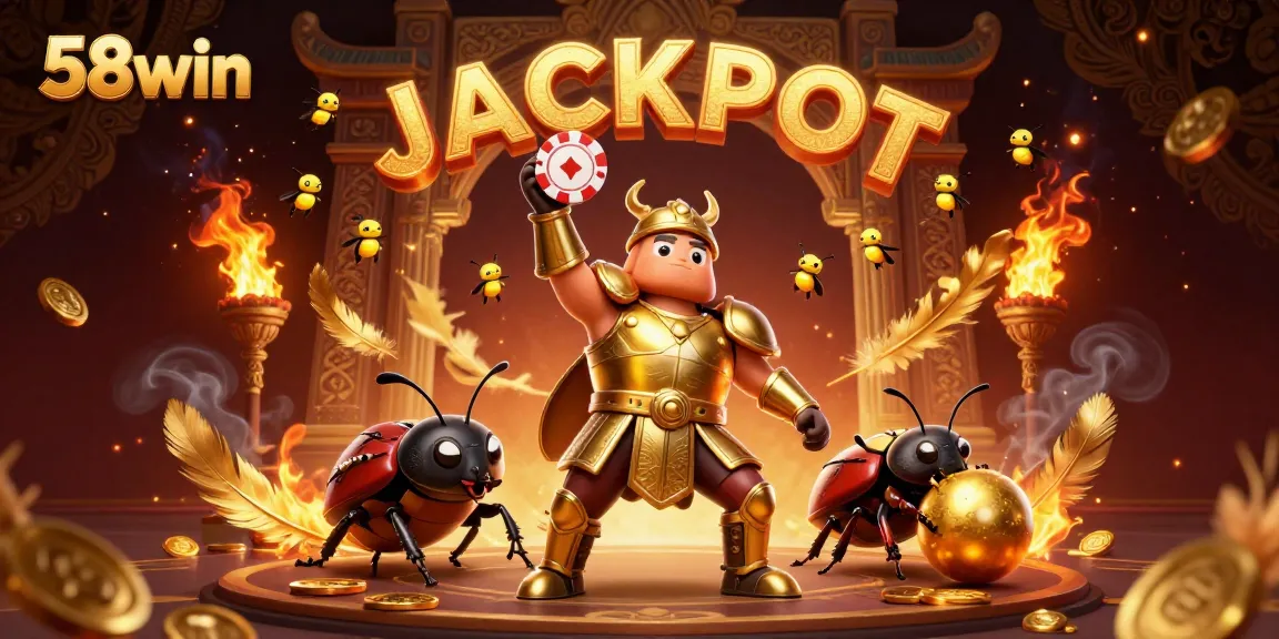Experience thrilling wins at 58win, illustrated with a victorious beetle and dazzling jackpot scene.