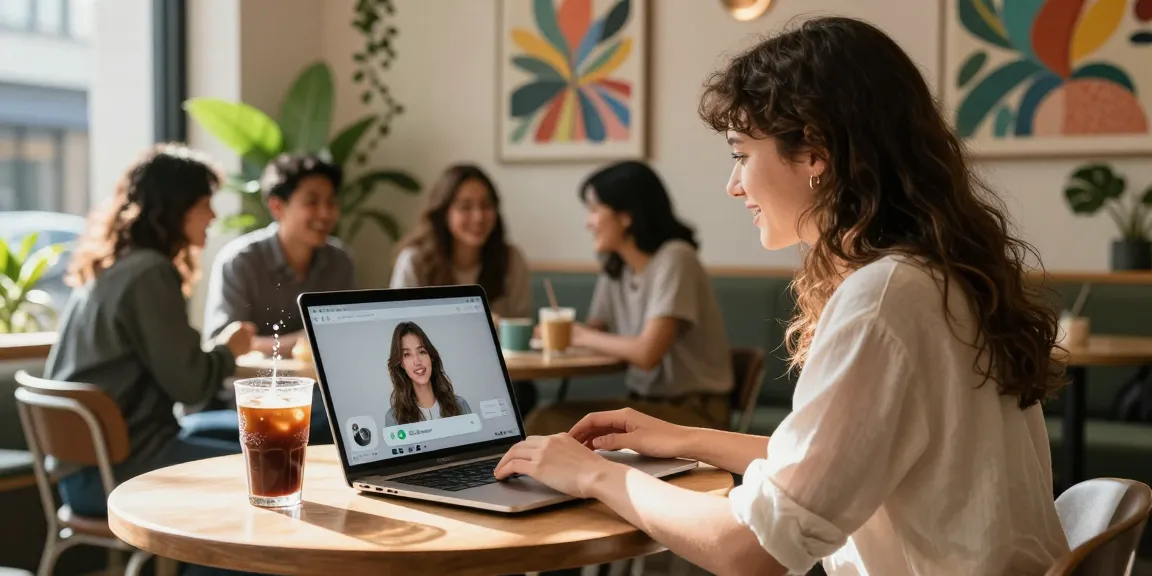 Young woman interacting with her AI girlfriend chatbot in a cozy café setting, capturing the essence of modern relationships.